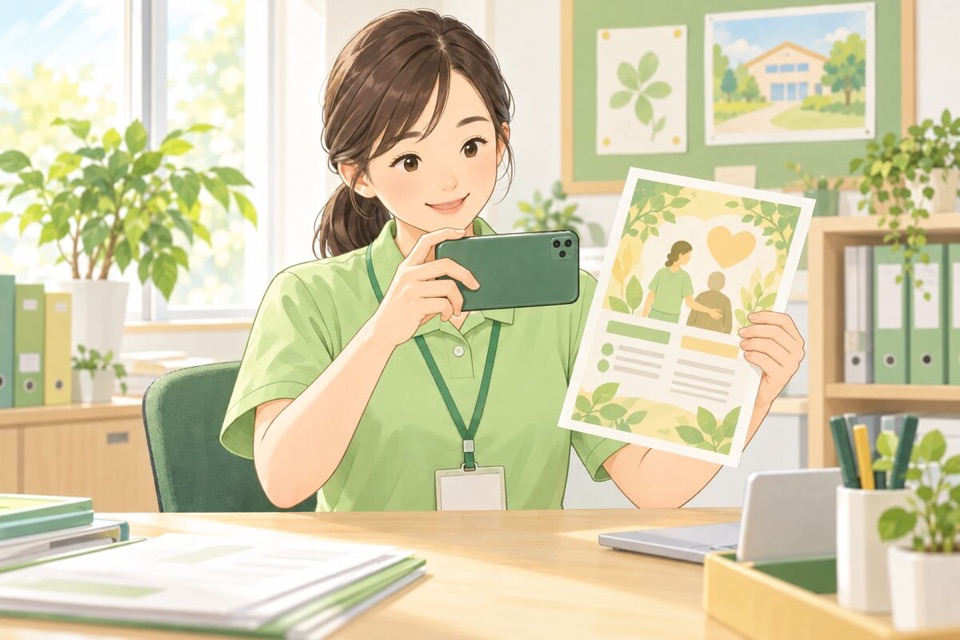 求人票をスマホで撮る、介護施設の採用担当者のイラスト